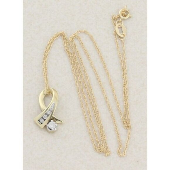 10k Yellow Gold Diamond Ribbon Necklace 18" Chain - Picture 3 of 7